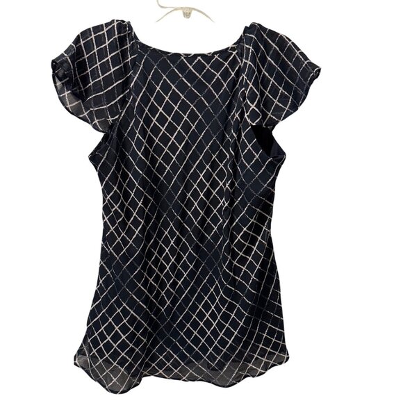 Roz & Ali Womens 1X Blue & White Geometric Print Cap Sleeve Blouse - Picture 8 of 12